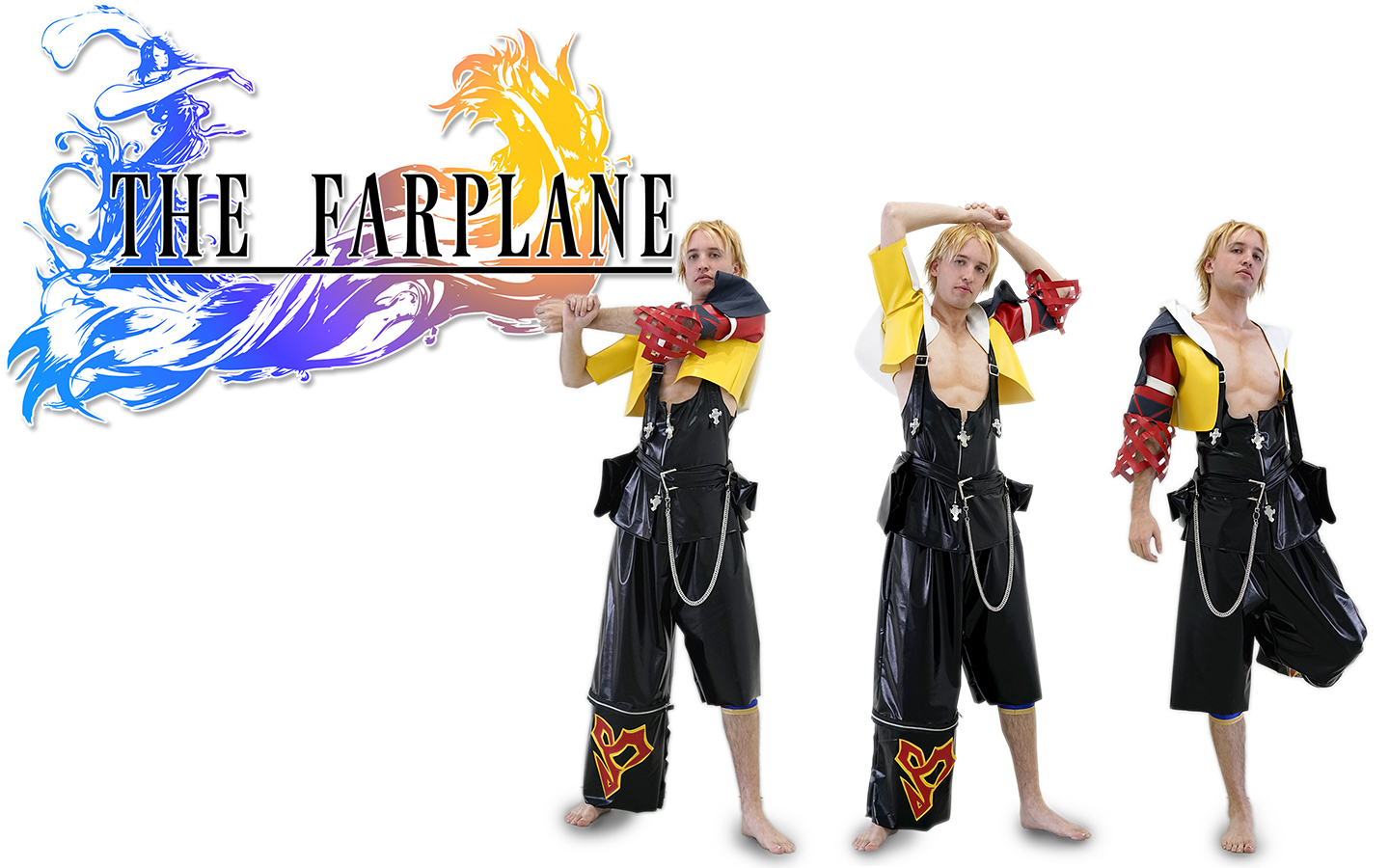 Jesse dressed as Tidus from Final Fantasy 10 in various stretching poses with text that reads 'The Farplane'